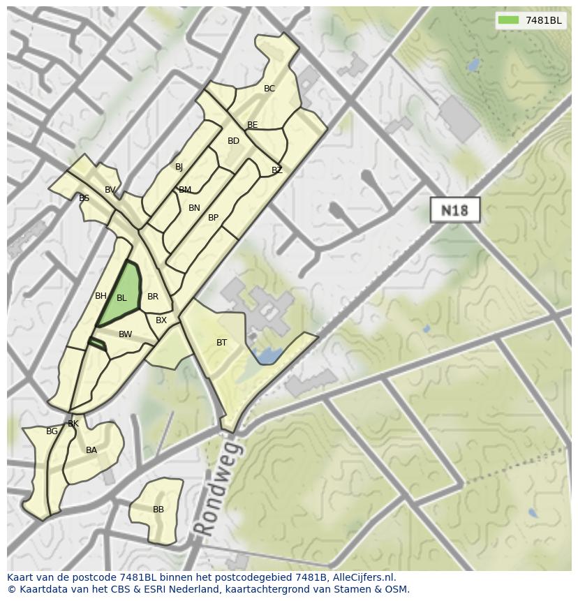 Afbeelding van het postcodegebied 7481 BL op de kaart.