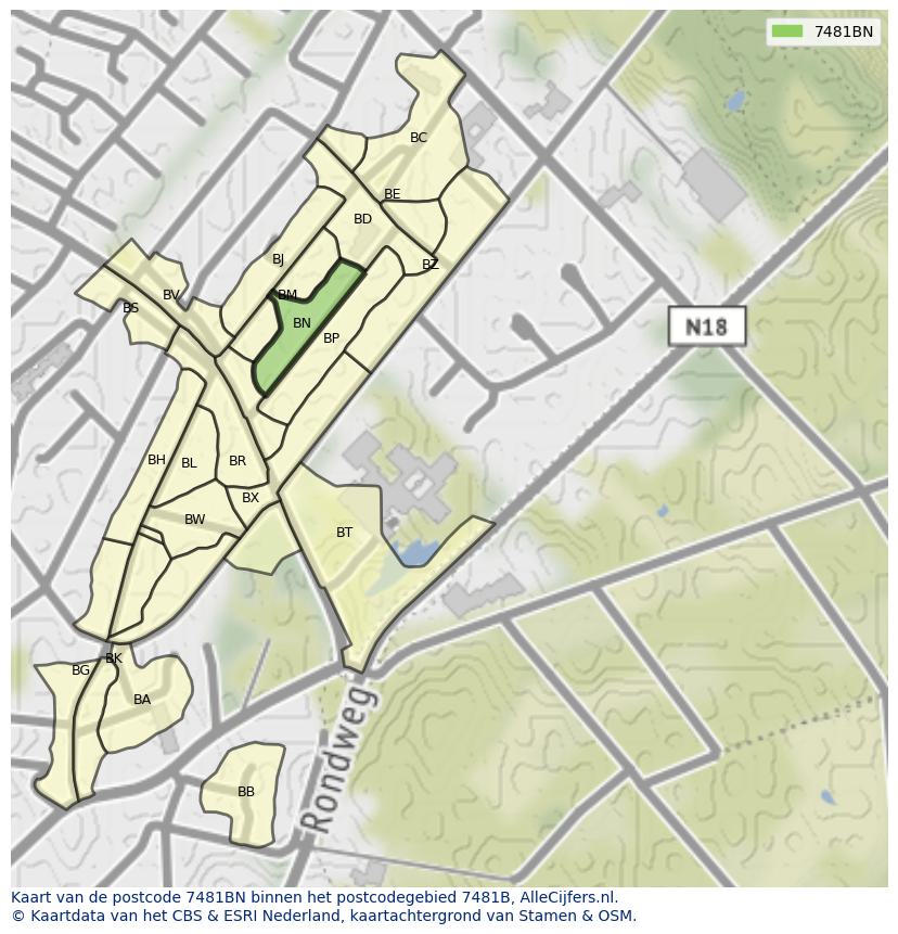 Afbeelding van het postcodegebied 7481 BN op de kaart.