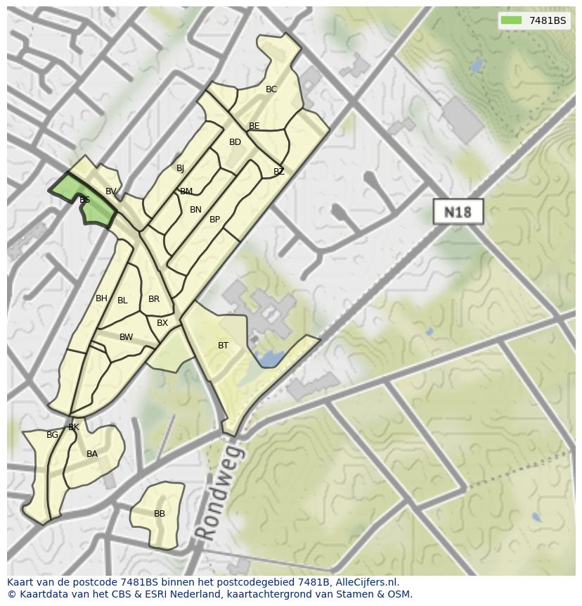 Afbeelding van het postcodegebied 7481 BS op de kaart.