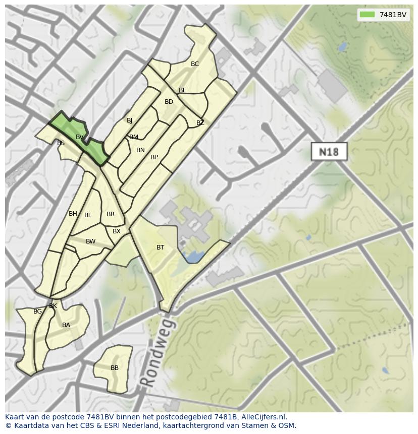Afbeelding van het postcodegebied 7481 BV op de kaart.