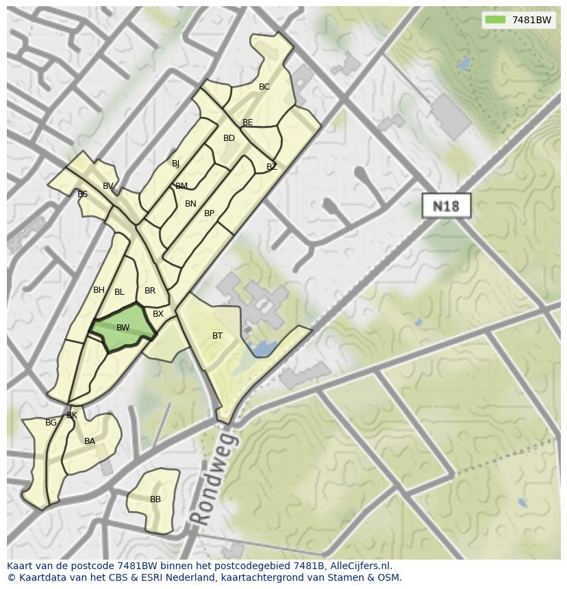 Afbeelding van het postcodegebied 7481 BW op de kaart.