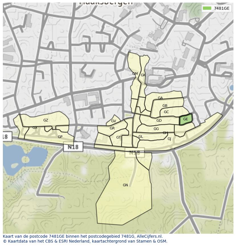 Afbeelding van het postcodegebied 7481 GE op de kaart.