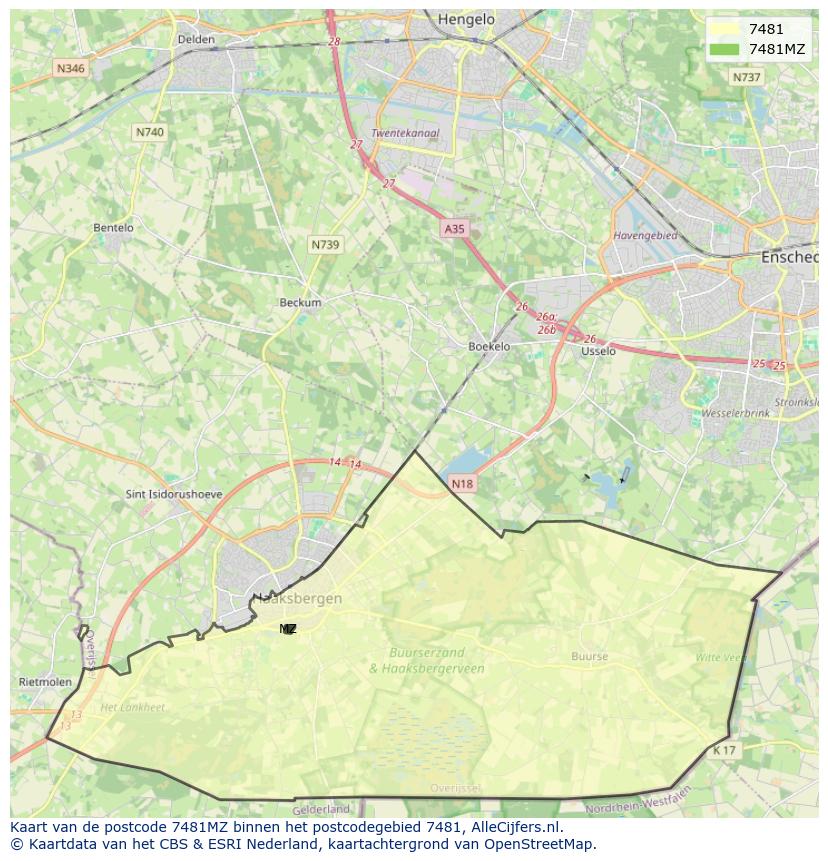 Afbeelding van het postcodegebied 7481 MZ op de kaart.