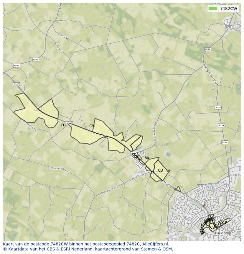Afbeelding van het postcodegebied 7482 CW op de kaart.