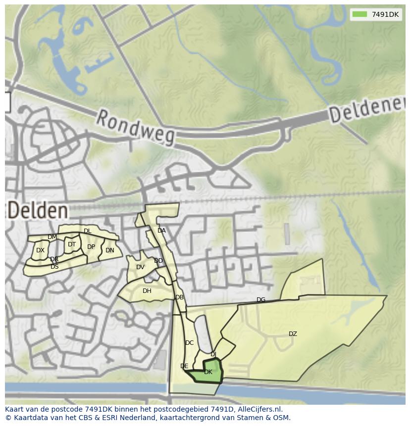 Afbeelding van het postcodegebied 7491 DK op de kaart.