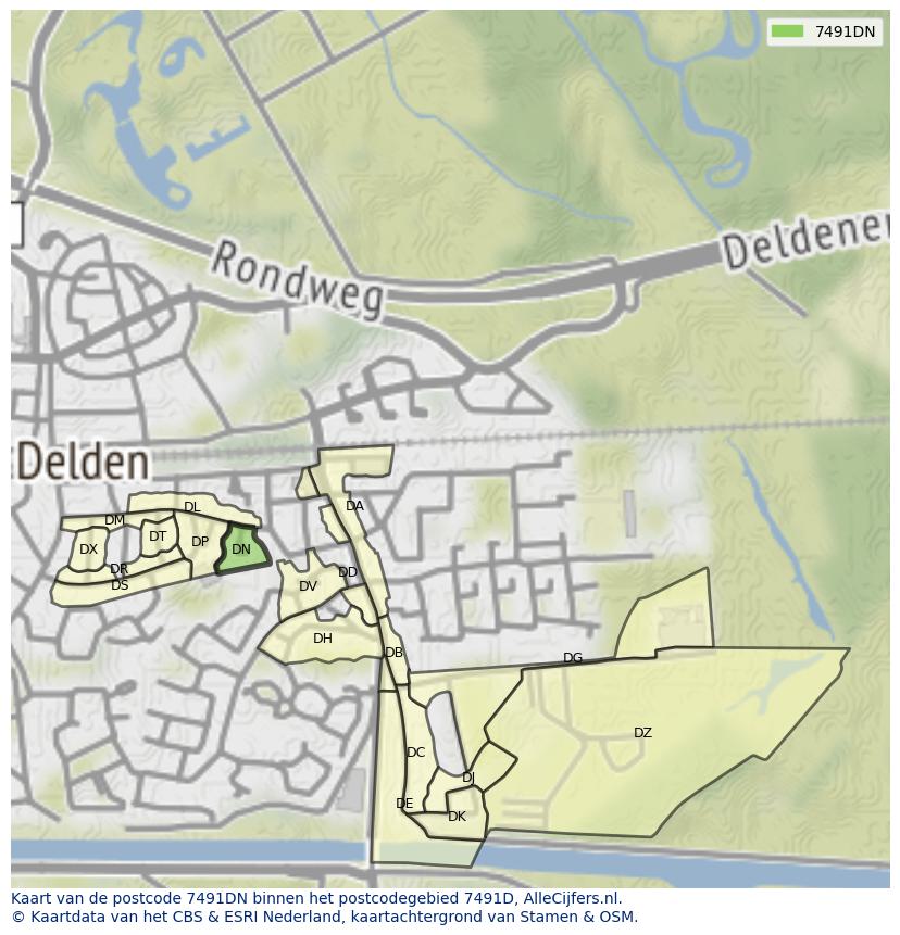 Afbeelding van het postcodegebied 7491 DN op de kaart.