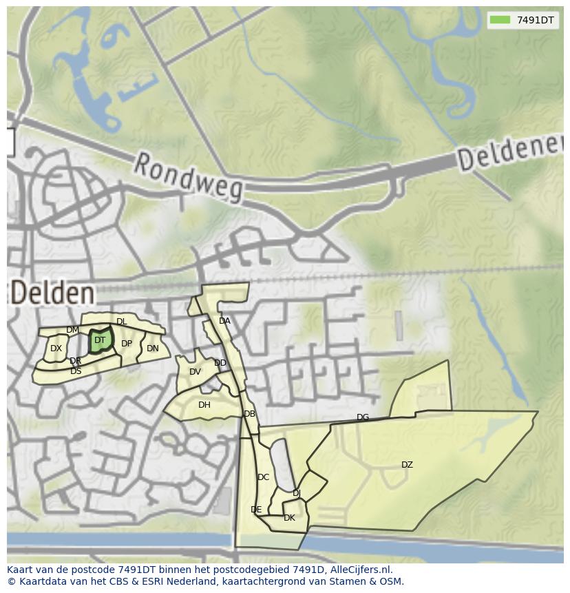 Afbeelding van het postcodegebied 7491 DT op de kaart.