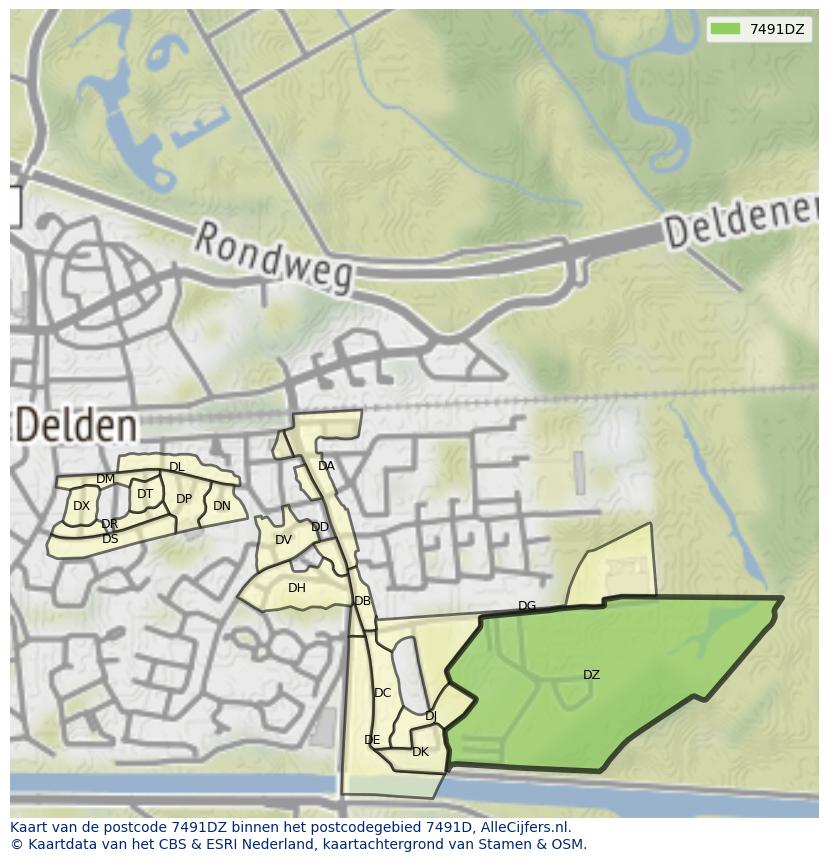 Afbeelding van het postcodegebied 7491 DZ op de kaart.
