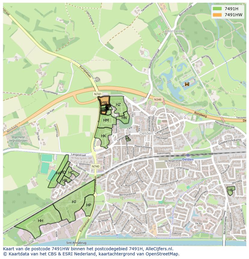 Afbeelding van het postcodegebied 7491 HW op de kaart.