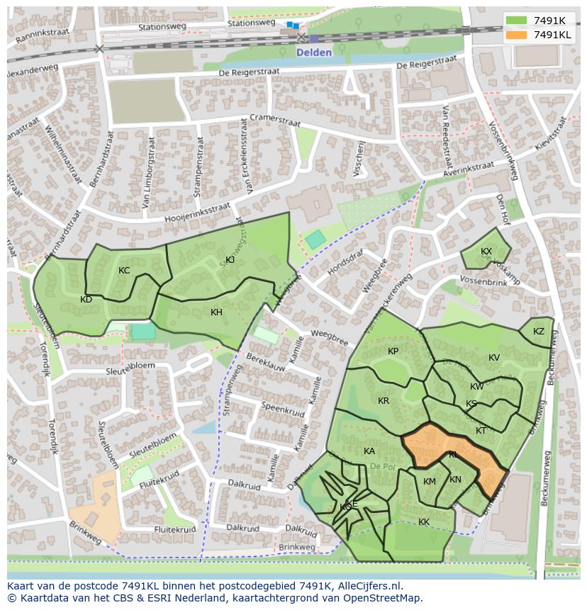 Afbeelding van het postcodegebied 7491 KL op de kaart.