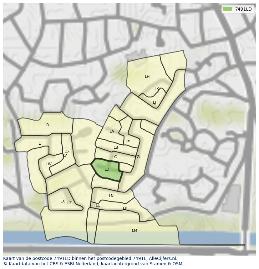 Afbeelding van het postcodegebied 7491 LD op de kaart.