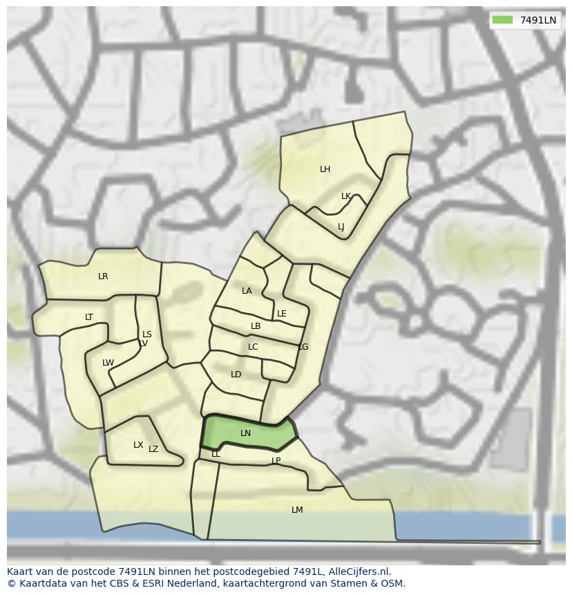 Afbeelding van het postcodegebied 7491 LN op de kaart.