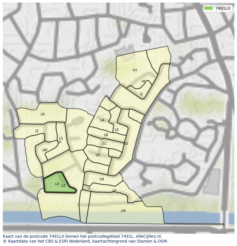 Afbeelding van het postcodegebied 7491 LX op de kaart.