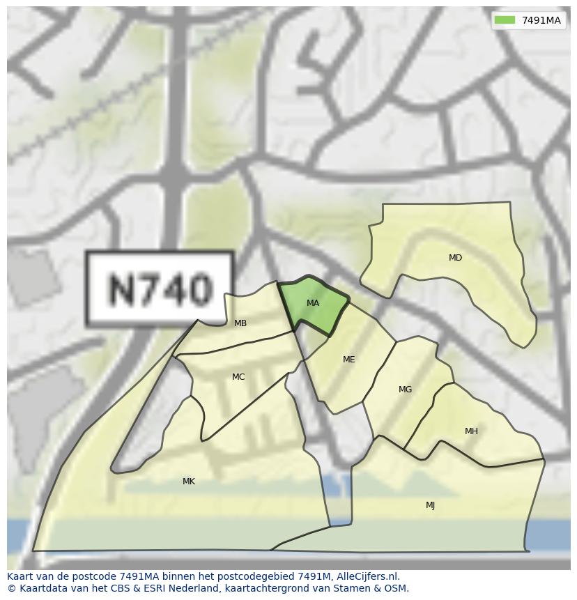 Afbeelding van het postcodegebied 7491 MA op de kaart.