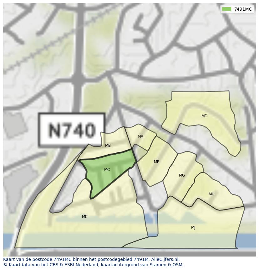 Afbeelding van het postcodegebied 7491 MC op de kaart.
