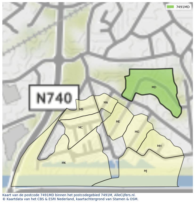 Afbeelding van het postcodegebied 7491 MD op de kaart.