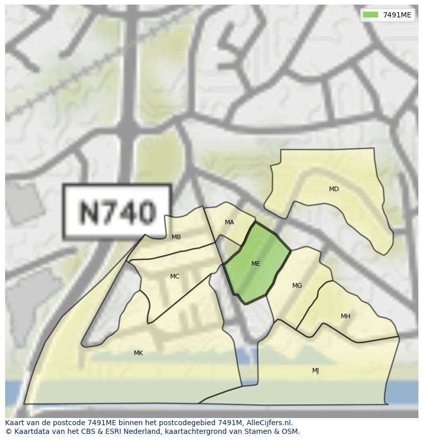 Afbeelding van het postcodegebied 7491 ME op de kaart.