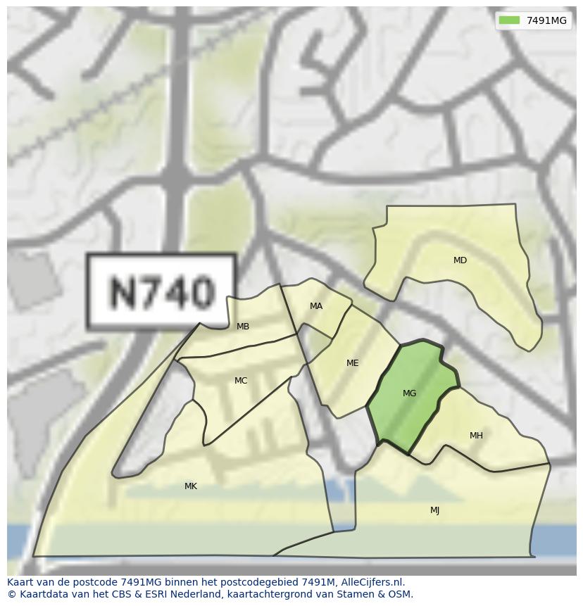 Afbeelding van het postcodegebied 7491 MG op de kaart.