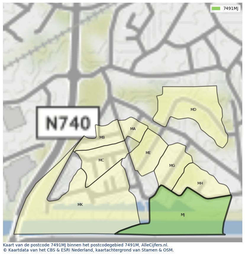Afbeelding van het postcodegebied 7491 MJ op de kaart.