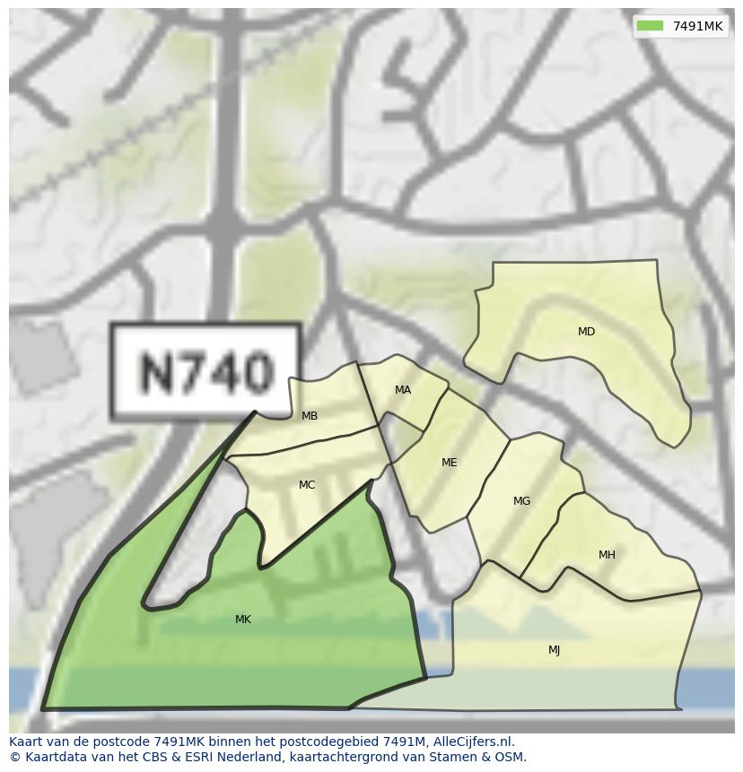 Afbeelding van het postcodegebied 7491 MK op de kaart.