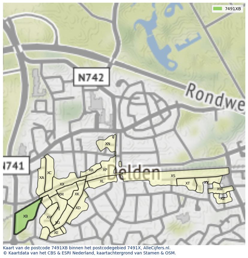 Afbeelding van het postcodegebied 7491 XB op de kaart.