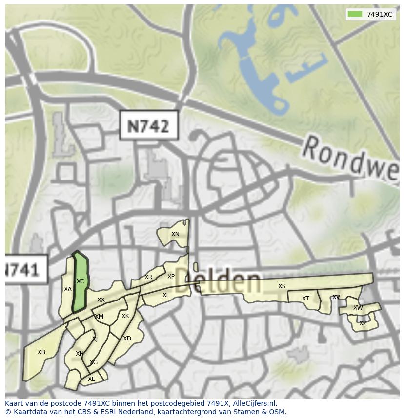 Afbeelding van het postcodegebied 7491 XC op de kaart.