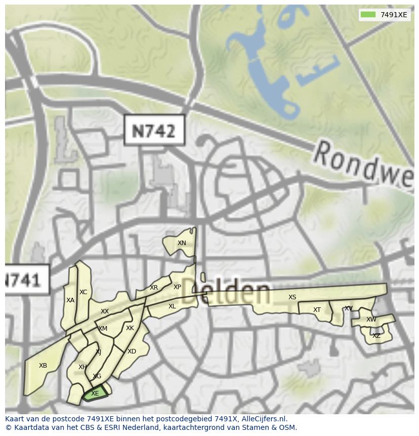 Afbeelding van het postcodegebied 7491 XE op de kaart.