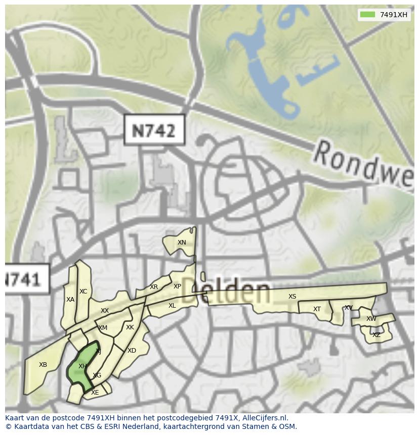 Afbeelding van het postcodegebied 7491 XH op de kaart.