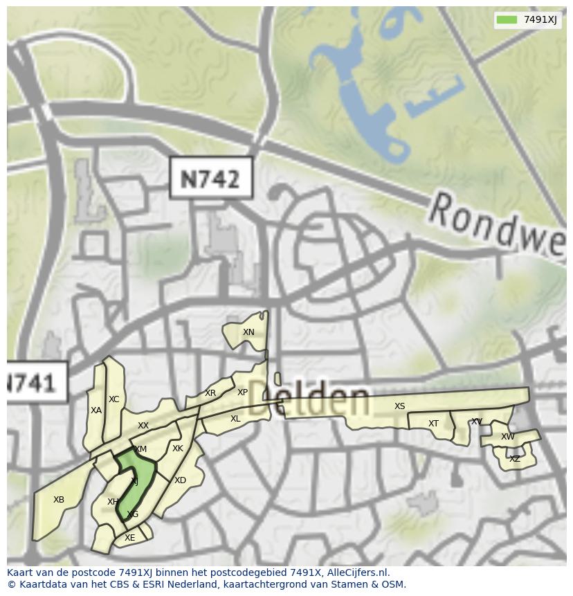 Afbeelding van het postcodegebied 7491 XJ op de kaart.
