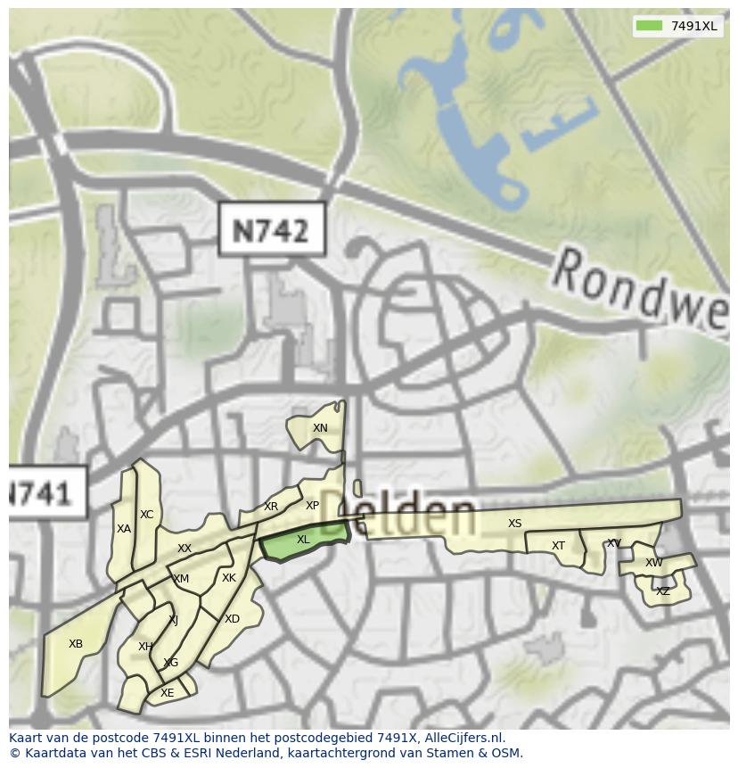 Afbeelding van het postcodegebied 7491 XL op de kaart.
