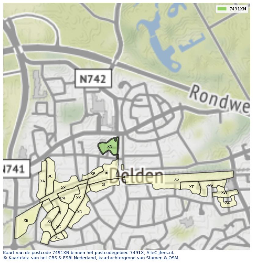 Afbeelding van het postcodegebied 7491 XN op de kaart.