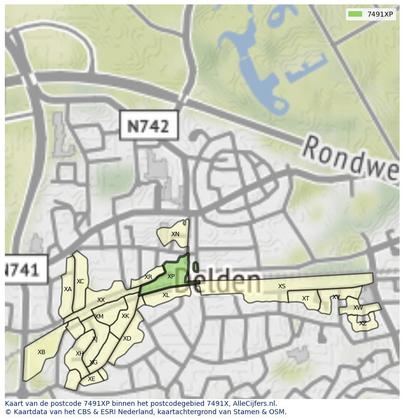 Afbeelding van het postcodegebied 7491 XP op de kaart.