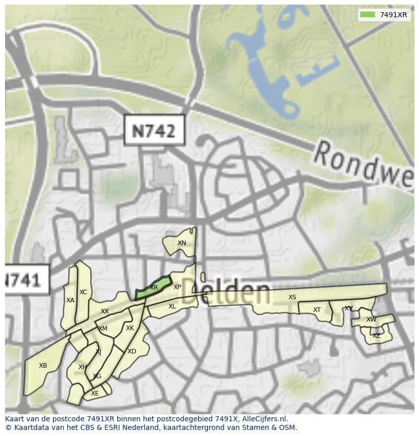 Afbeelding van het postcodegebied 7491 XR op de kaart.