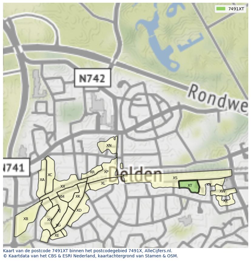 Afbeelding van het postcodegebied 7491 XT op de kaart.
