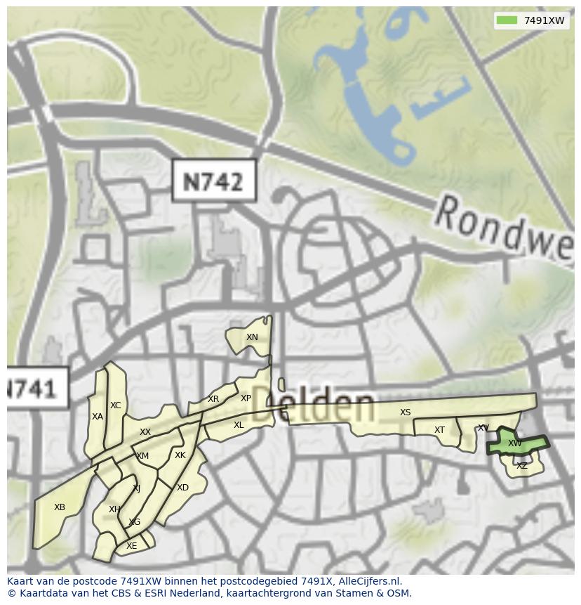 Afbeelding van het postcodegebied 7491 XW op de kaart.