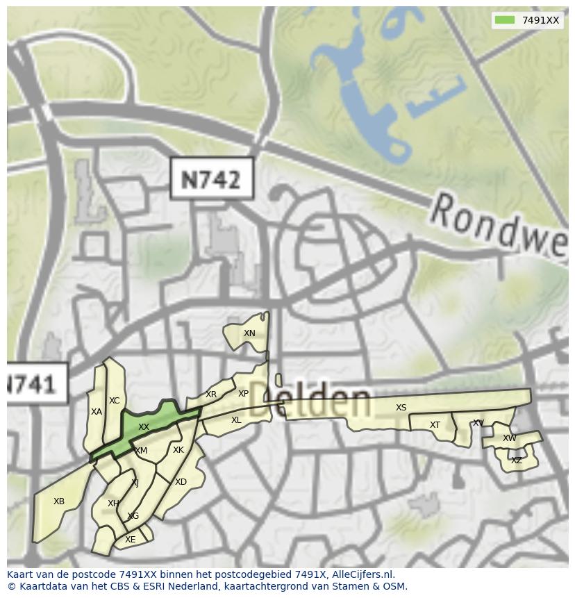 Afbeelding van het postcodegebied 7491 XX op de kaart.