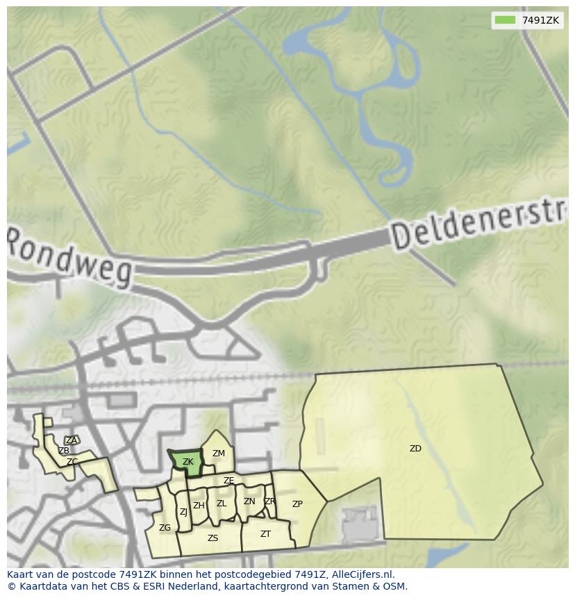 Afbeelding van het postcodegebied 7491 ZK op de kaart.
