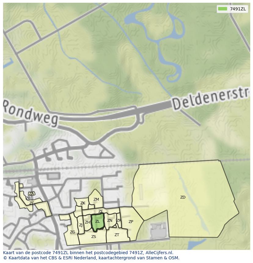 Afbeelding van het postcodegebied 7491 ZL op de kaart.
