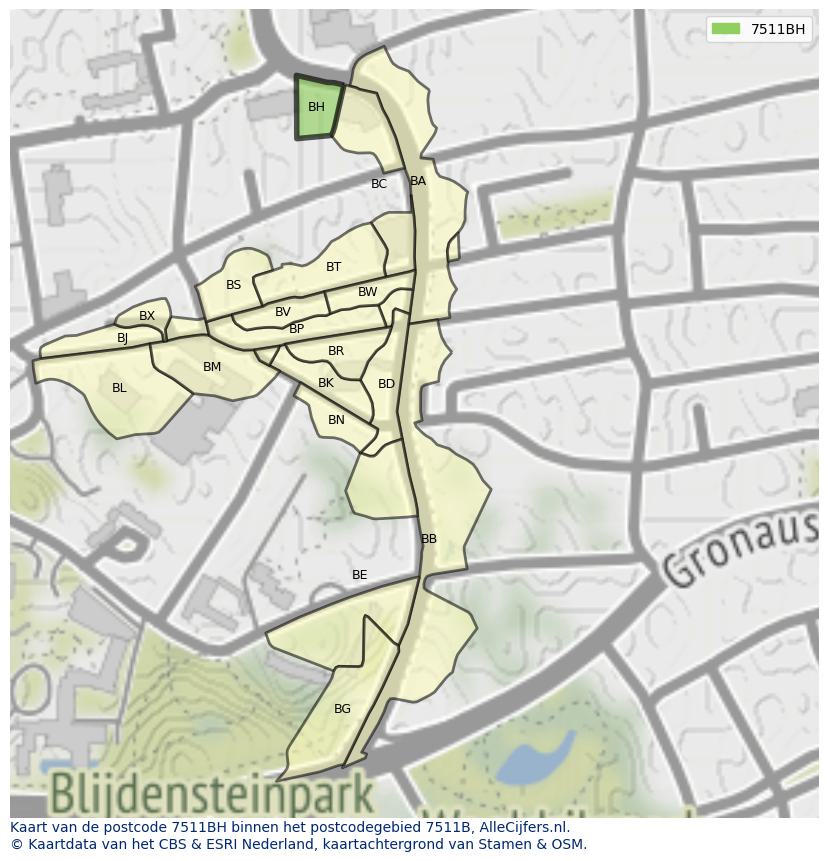 Afbeelding van het postcodegebied 7511 BH op de kaart.