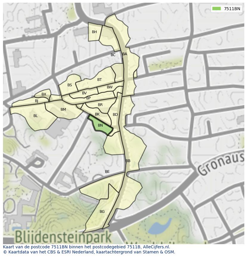 Afbeelding van het postcodegebied 7511 BN op de kaart.
