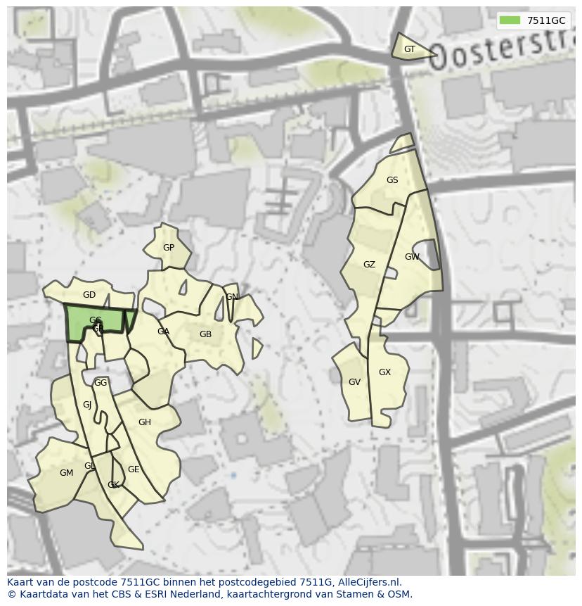 Afbeelding van het postcodegebied 7511 GC op de kaart.