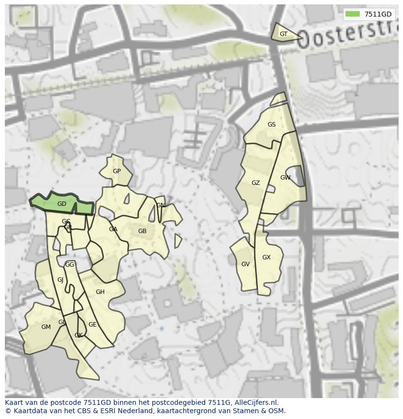 Afbeelding van het postcodegebied 7511 GD op de kaart.