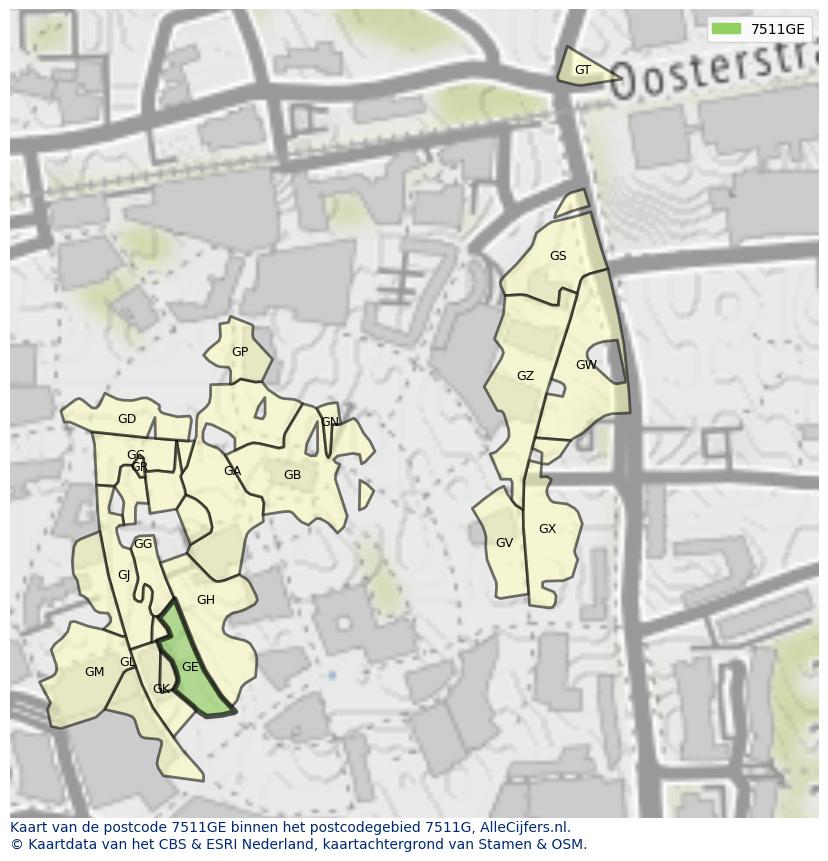 Afbeelding van het postcodegebied 7511 GE op de kaart.