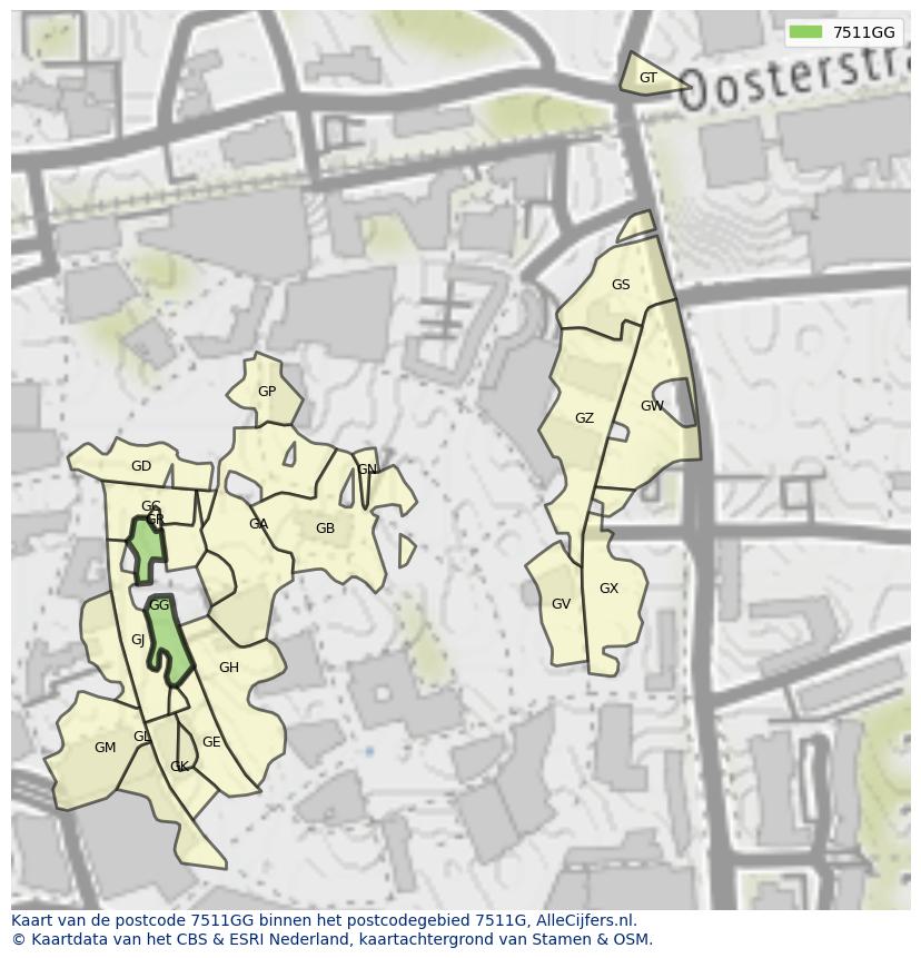Afbeelding van het postcodegebied 7511 GG op de kaart.