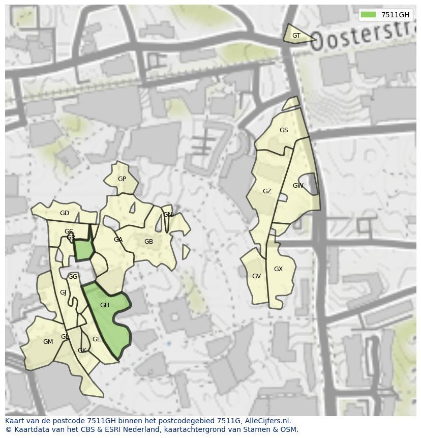 Afbeelding van het postcodegebied 7511 GH op de kaart.