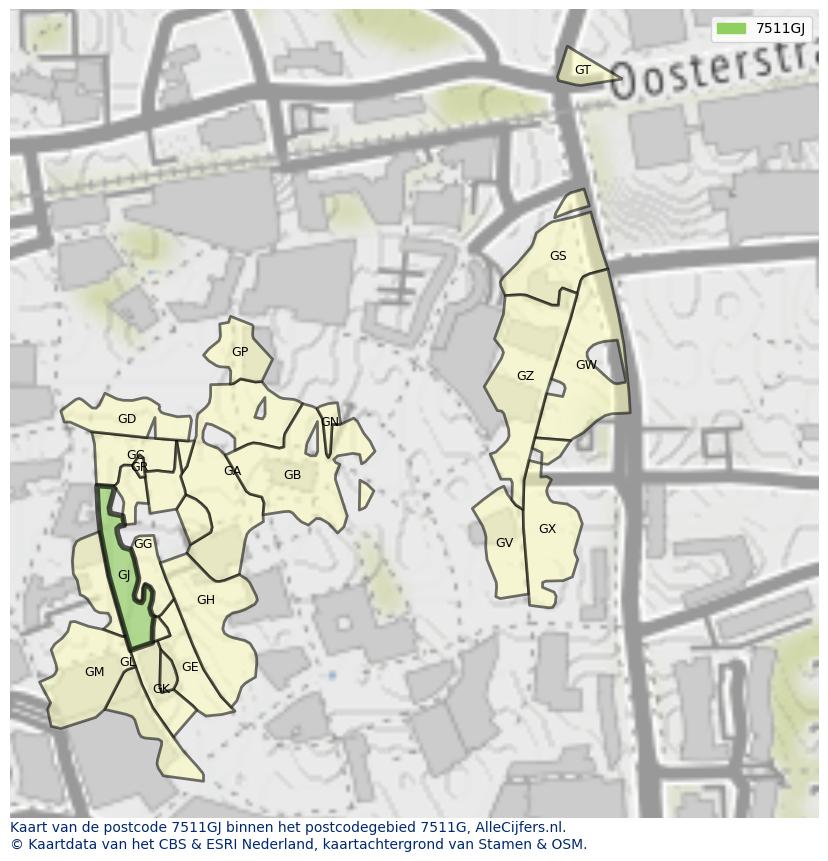 Afbeelding van het postcodegebied 7511 GJ op de kaart.