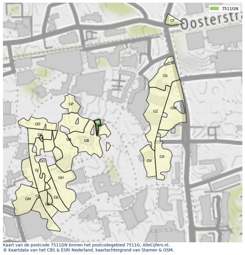 Afbeelding van het postcodegebied 7511 GN op de kaart.