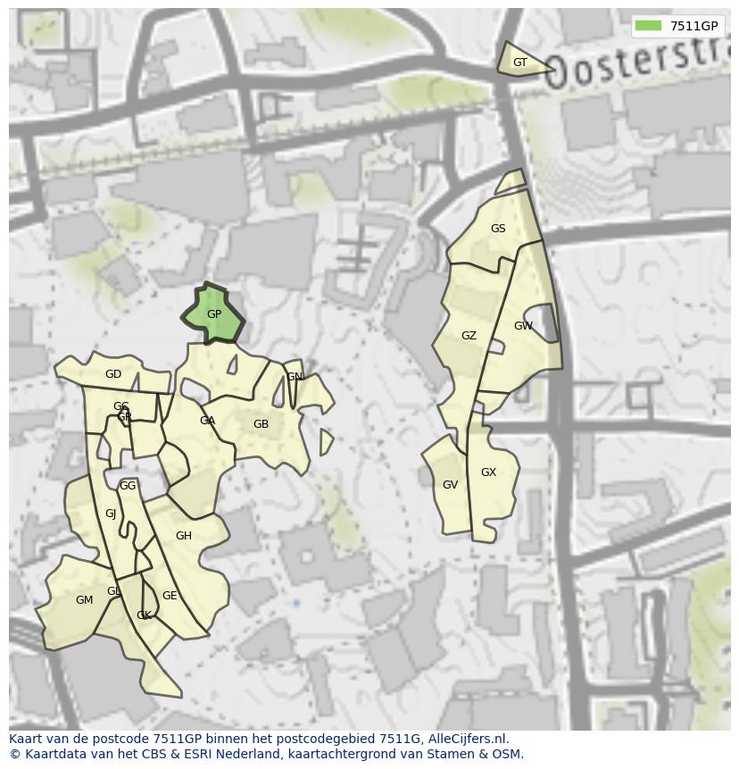 Afbeelding van het postcodegebied 7511 GP op de kaart.