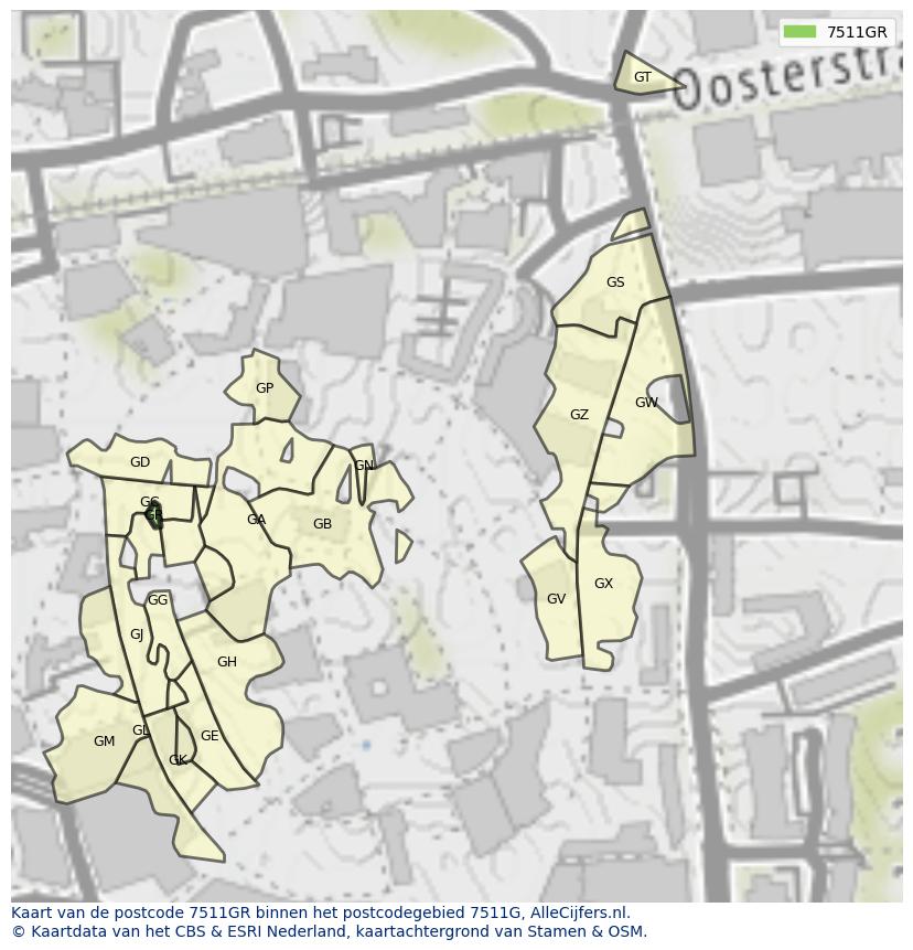 Afbeelding van het postcodegebied 7511 GR op de kaart.