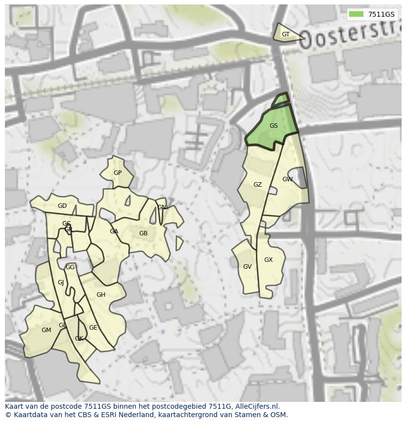 Afbeelding van het postcodegebied 7511 GS op de kaart.